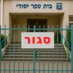 שער סגור של בית ספר יסודי בישראל, כשעל השער תלוי שלט לבן עם הכיתוב "סגור" באותיות אדומות גדולות. ברקע נראים מדרגות הכניסה והמבנה הראשי של בית הספר.